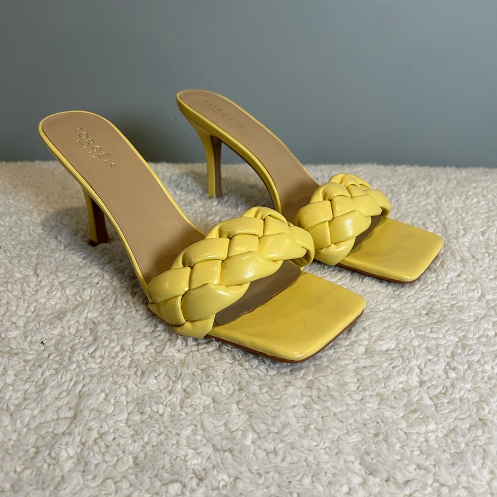 TORGEIS Maraca Open Toe Heels Yellow Braided Size 10 - Picture 2 of 15